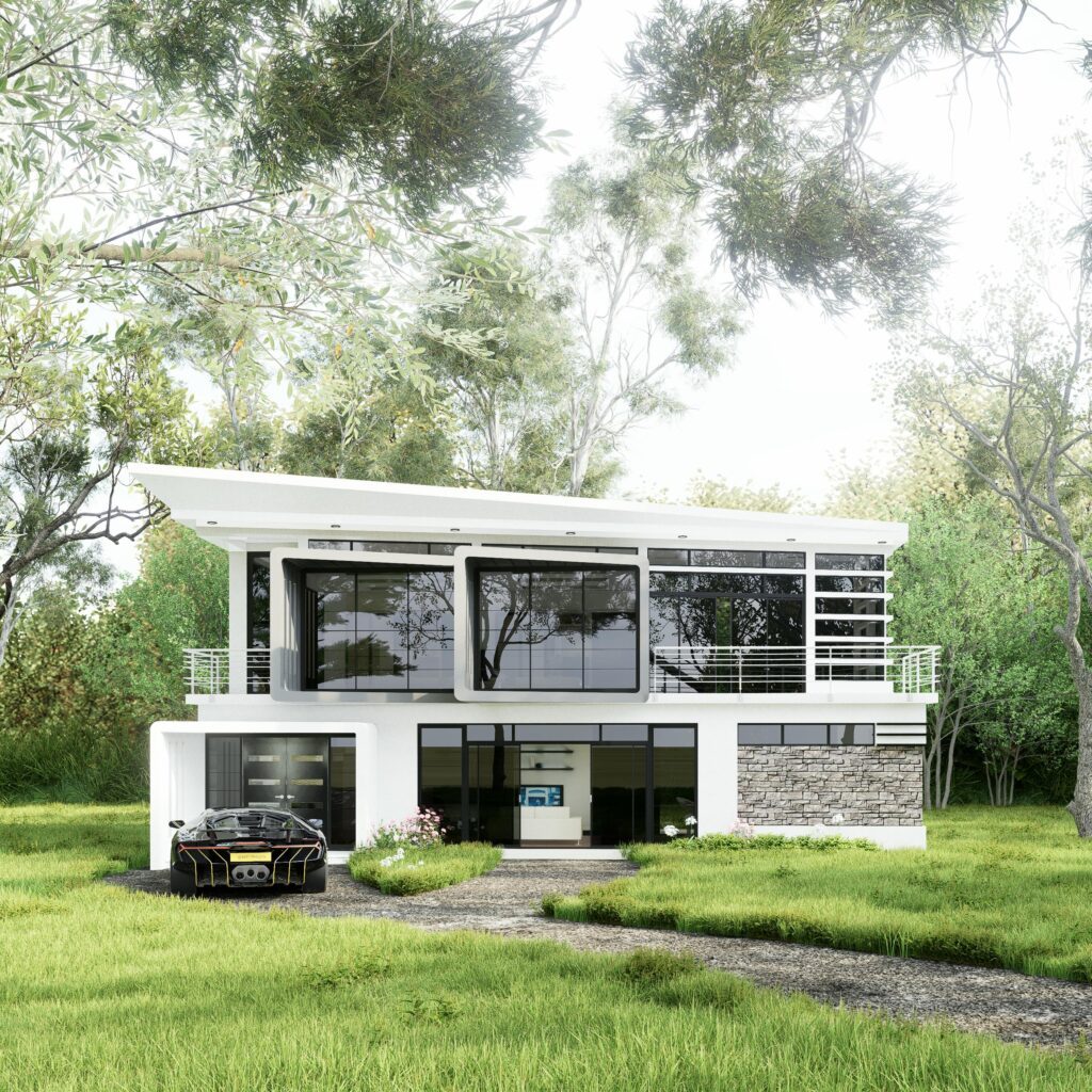 A sleek, modern mansion amid lush trees, featuring a futuristic car in the driveway.