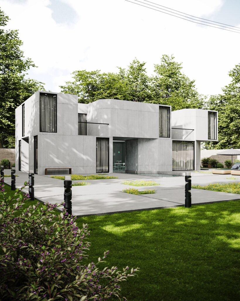 A sleek modern concrete house in a lush garden setting, showcasing minimalist architecture.